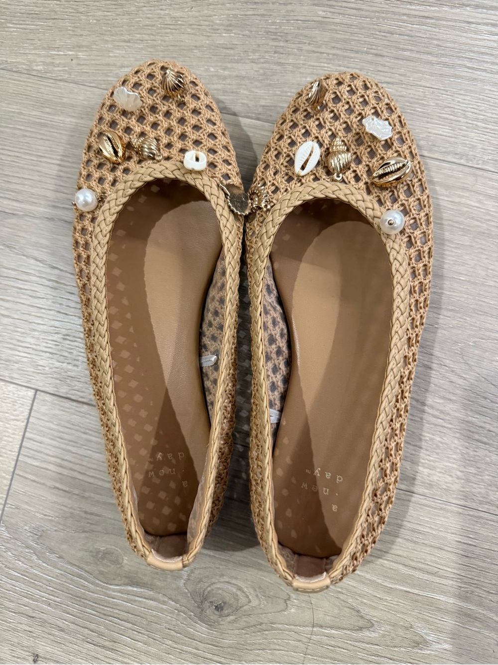 a new day Tan Woven Shell & Pearl Ballet Flats